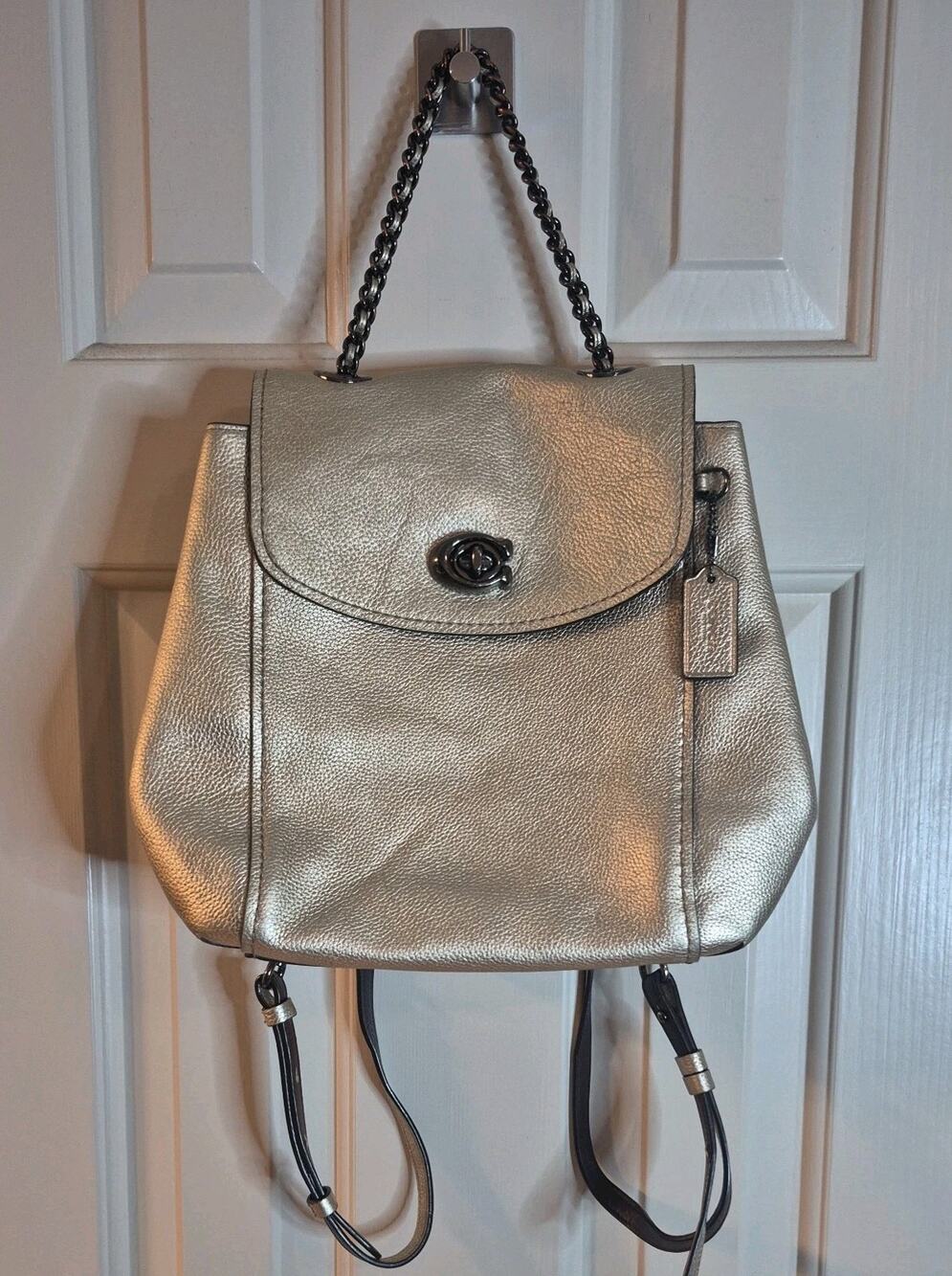 Coach Parker Convertible Backpack Metallic Gold Pebbled Leather Tea Rose Bag